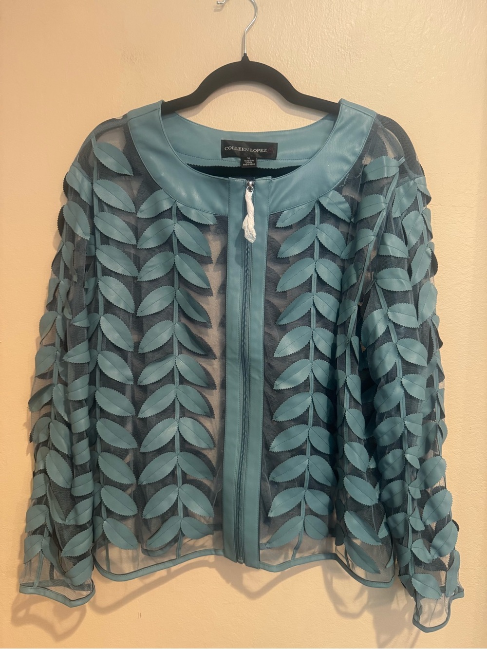 Modern Teal Mesh Faux Leather Leaf Jacket With Sheer Panel and Front Zipper - Picture 2 of 9